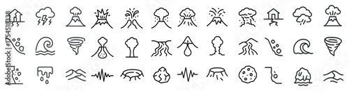 Natural disaster outline icons set – line, silhouette, emergency symbols