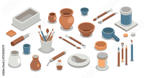 Isometric pottery tools and supplies on white background