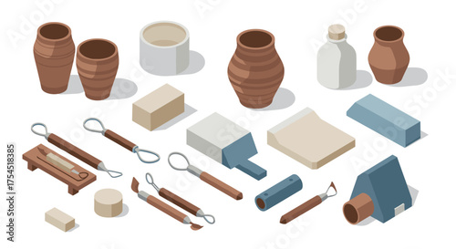 Pottery tools and ceramic objects collection with isometric design
