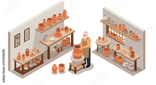 Isometric workshop with potter crafting clay vases in studio