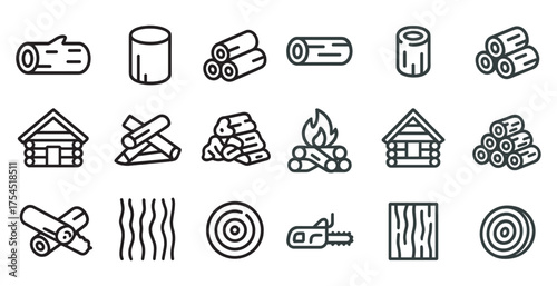 Woodworking line icons set – timber, lumberjack, forest and carpentry symbols