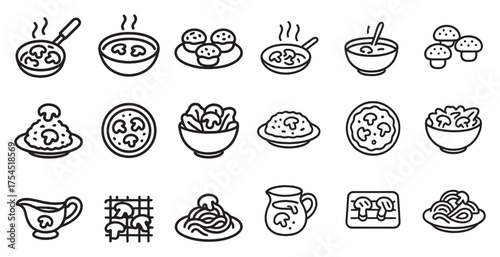Mushroom recipe line icons set – outline, linear, culinary and cooking symbols