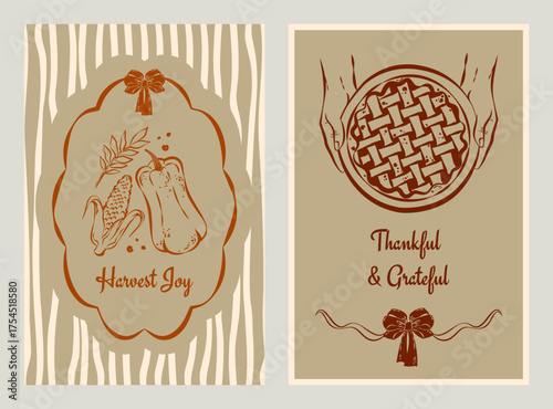 Design of Thanksgiving cards. Vertical template with retro ornament, hand-drawn pumpkin pie in hand, autumn vegetable harvest.