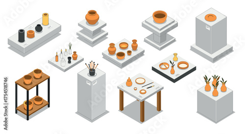 Modern isometric ceramic art exhibition with pottery displays and plants