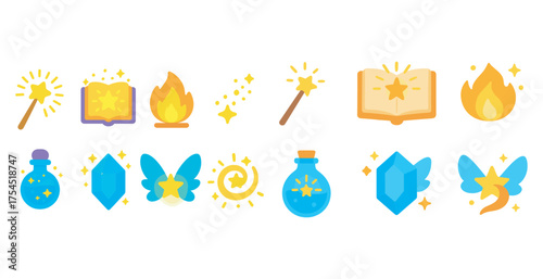 Magic and fantasy icons set – flat, filled, wizardry and mystical symbols