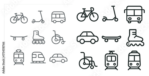 Transport and mobility outline icons set – linear, silhouette, travel and commute symbols