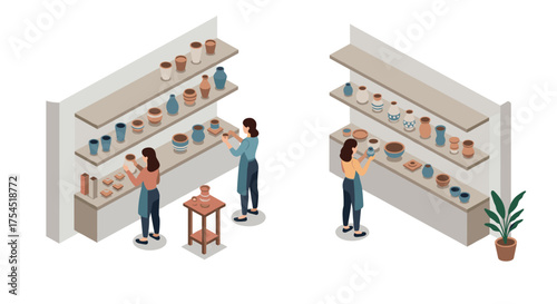 Isometric illustration of women shopping for ceramics and pottery in a store with shelves and decor