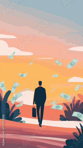Financial Success Wealth Achievement with Money Floating in Sunset Sky