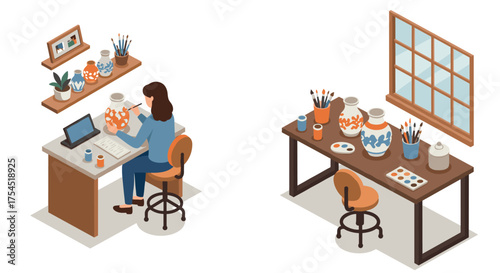 Creative pottery studio scene with artist painting ceramics in isometric style