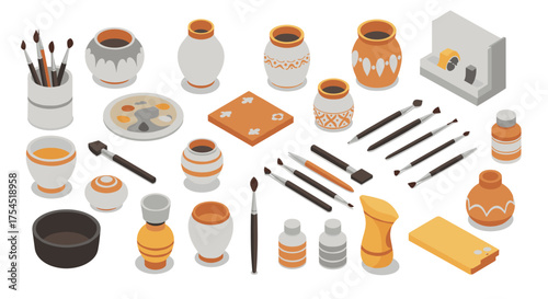 Isometric art supplies set with clay pots and brushes in earth tones
