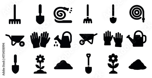 Gardening tools solid icons set – flat, filled, horticulture and planting symbols