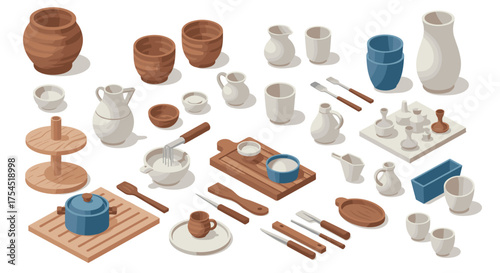 Modern isometric kitchenware collection with rustic and minimalist design elements