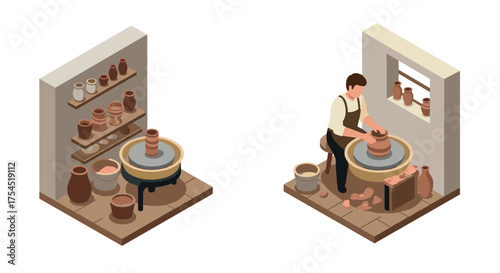 Isometric pottery crafting scene with potter and clay art studio elements