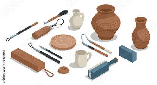 Isometric ceramic pottery tools and clay objects on white background