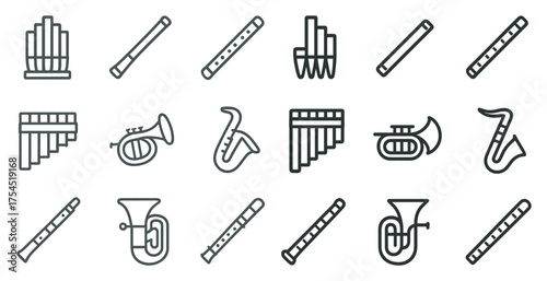 Music and instrument linear icons set – outline, melody, sound symbols collection