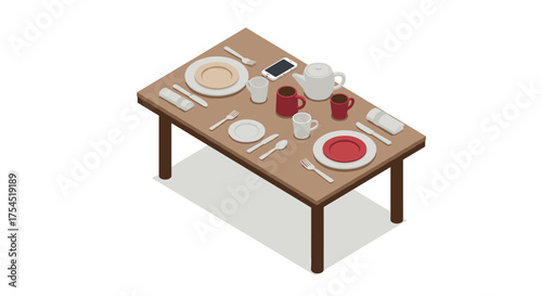 Isometric dining table with modern tableware and coffee cups