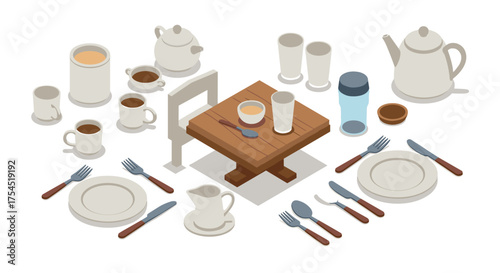 Isometric dining table set with crockery and cutlery in minimalist design
