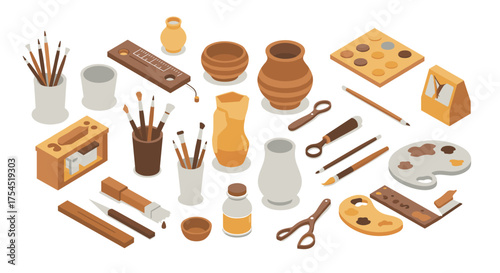 Art supplies collection in isometric style with brushes, paints, and pottery tools
