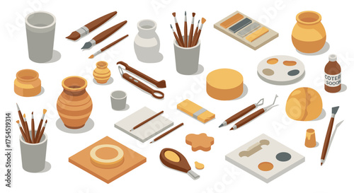 Isometric art supplies layout with pottery and painting tools