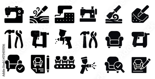 Home improvement solid icons set – diy, renovation, construction tools symbols
