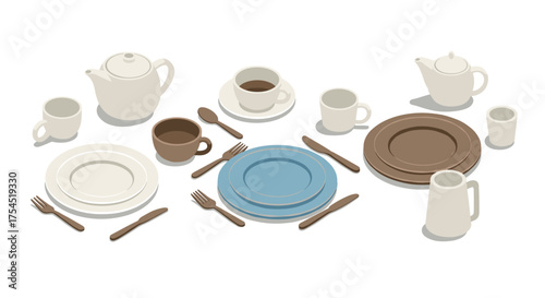 Isometric dining set with plates and cups on white background