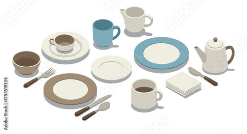 Isometric porcelain tableware arrangement with pastel accents