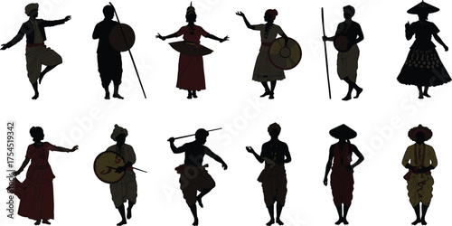 Traditional cultural dance silhouette illustration of men and women performing folk dance with drums, shields, and costumes, ethnic heritage art vector design