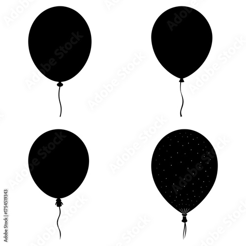 Silhouette illustration of four balloons with varying string lengths and one with star patterns