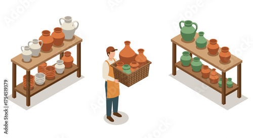 Isometric ceramic shop with shelves and person holding pottery