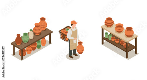 Pottery shopping in isometric style with clay vases and artisan