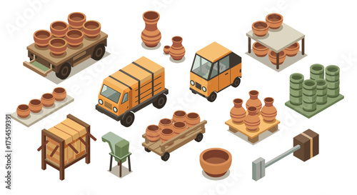 Isometric pottery workshop elements with traditional clay vessels and tools