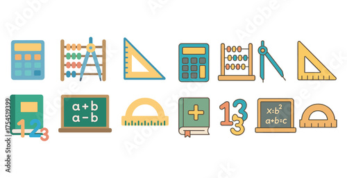 Math and education flat icons set – colorful, learning, school symbols