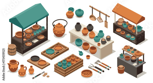 Isometric pottery market with ceramic dishes and traditional tools