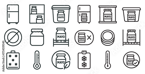 Food preservation outline icons set – storage, safety, conserving symbols