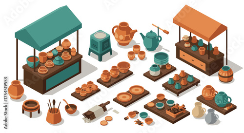 Isometric market stalls with handmade ceramic pottery and kitchenware