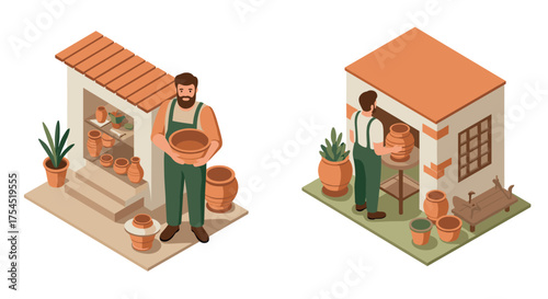Isometric pottery workshop scene with artisan and ceramic pots in rustic setting