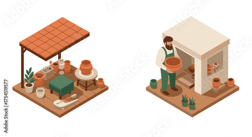 Isometric ceramic workshop with potter crafting clay pottery in rustic studio