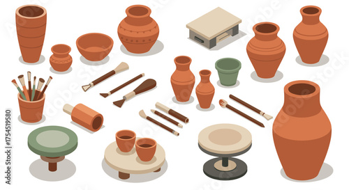 Isometric pottery workshop with clay vases and painting tools