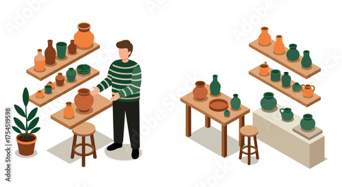 Isometric pottery workshop with shelves of vases and jars