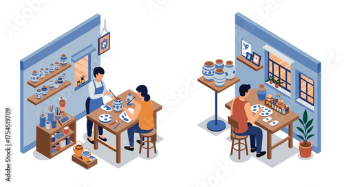 Isometric pottery workshop creative artisans crafting ceramics in a cozy studio
