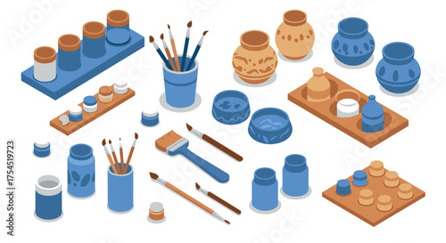 Isometric art supplies in blue and orange paints, brushes, and pottery