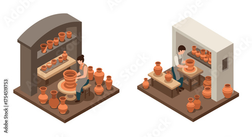 Isometric pottery workshop scenes with artisans crafting clay vessels