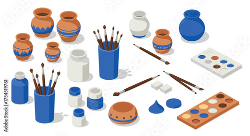 Creative pottery workspace with paints and brushes in isometric view