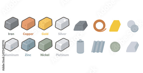 Industrial materials isometric icons set – 3d, metal, building, construction symbols