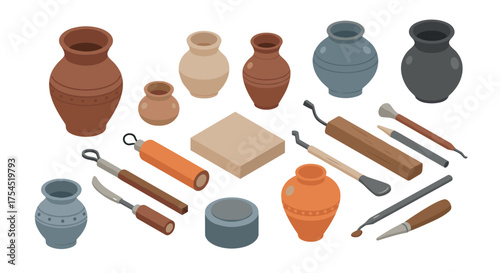 Isometric ceramic pottery workshop tools and pots collection for craft enthusiasts