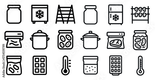 Food preservation linear icons set – outline, storage, kitchen essentials graphics