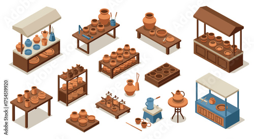 Isometric pottery market with clay vessels and tools on display tables