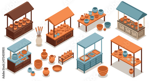 Isometric ceramic market stalls featuring pottery and clay items in earthy tones