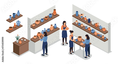 Pottery class in isometric style with students crafting ceramics