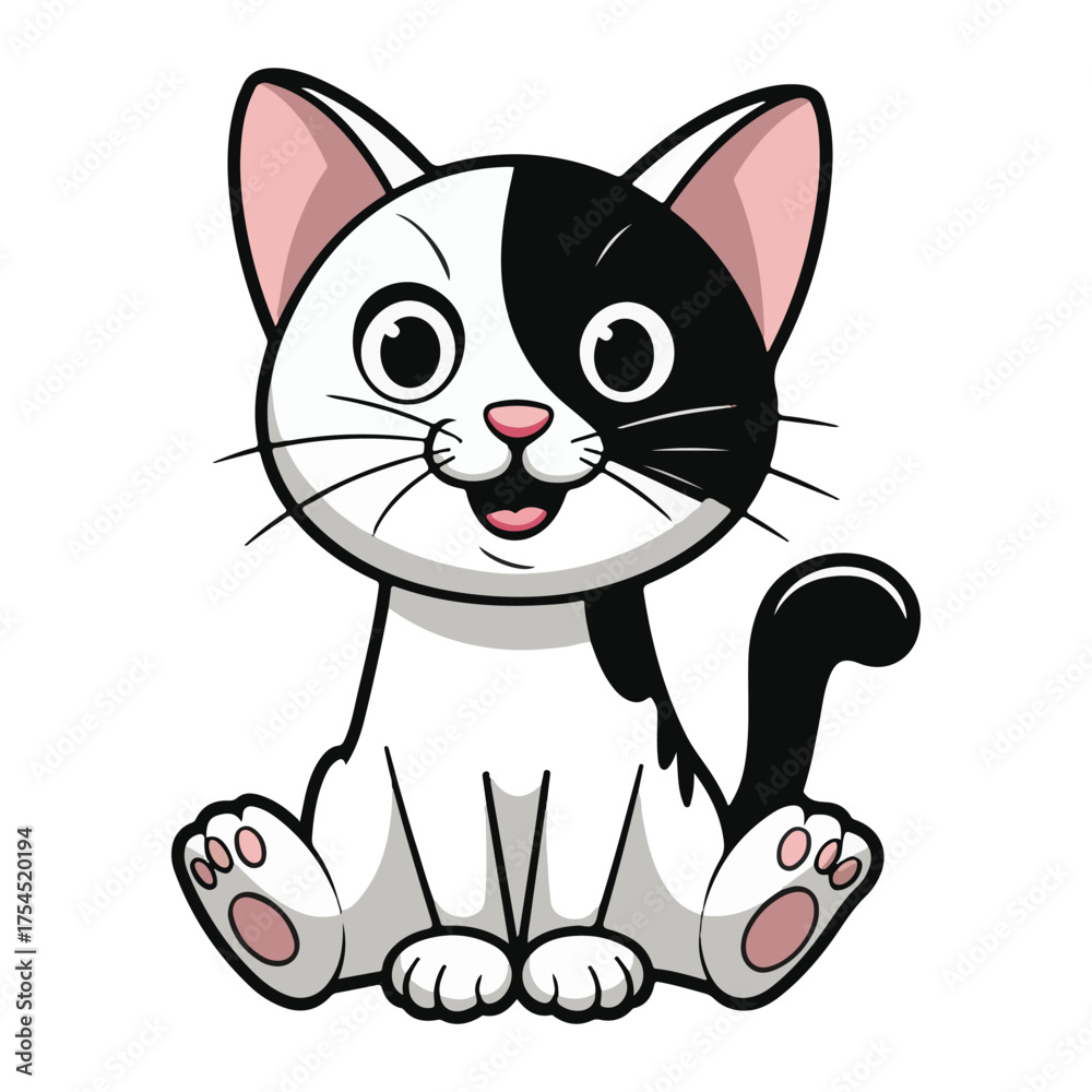 Obraz premium Cute Black and White Kitten Sitting and Smiling Vector Cartoon Illustration